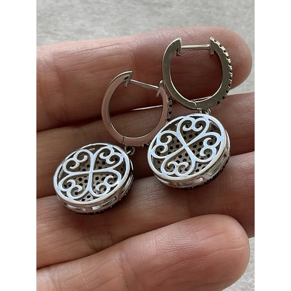925 Sterling Silver Pave-set black spinel ball design Drop Earrings - Picture 4 of 9